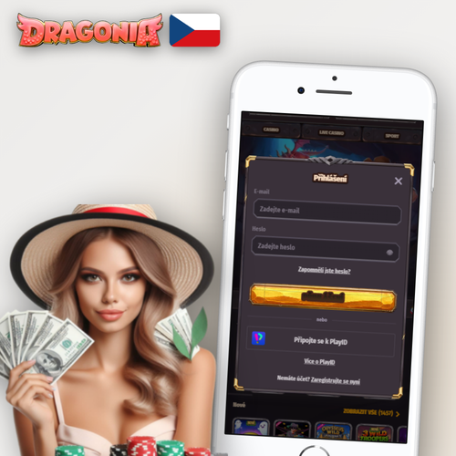 Dragonia Casino registrace — přihlašovací formulář s drakovým motivem na tmavém pozadí